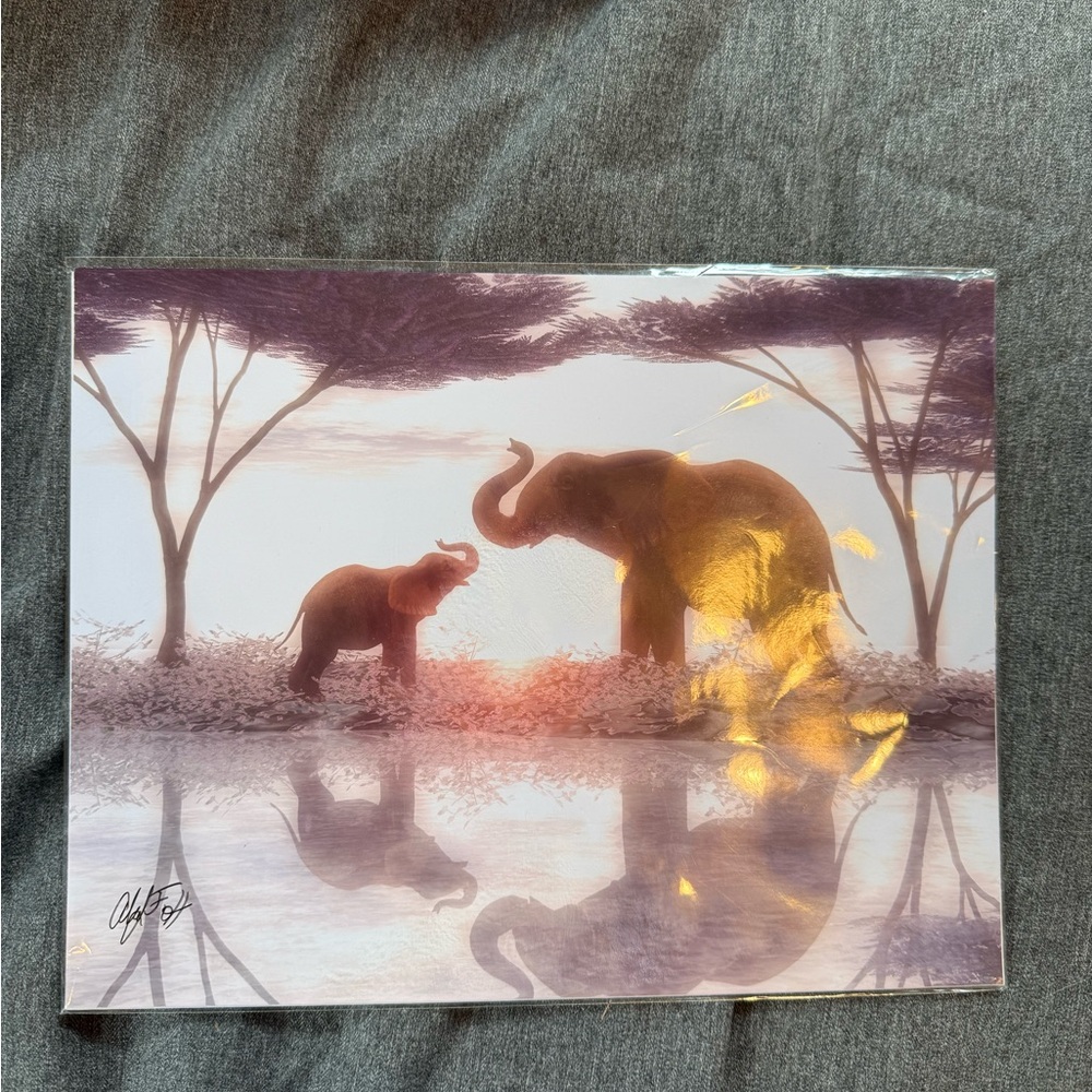 Elephant Sunset Wall Art Print - Purple and Gold Accents